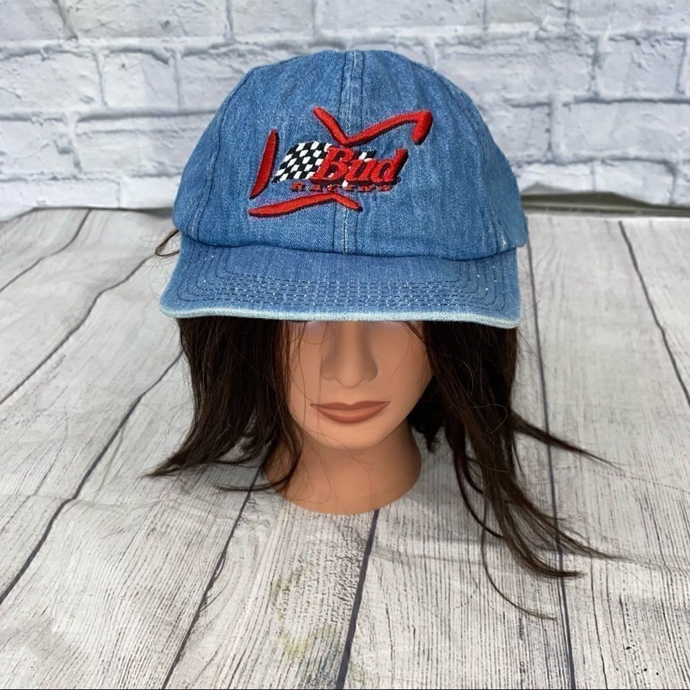 Bud racing denim baseball hat w/adjustable strap blue one size